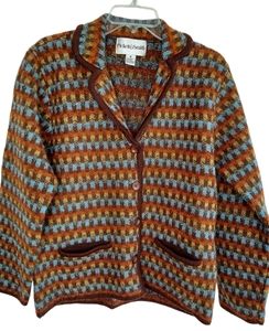 VTG Womens Wool Sweater Blazer Cardigan Medium Brown Blue Pockets Rockabilly EUC